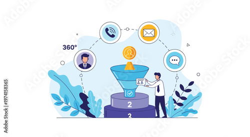 Businessman manages a multi-channel customer relationship management funnel to optimize sales and communication strategies.