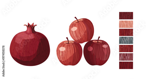 Detailed illustration of a fresh pomegranate and a stack of three red apples accompanied by a specific color swatch palette.