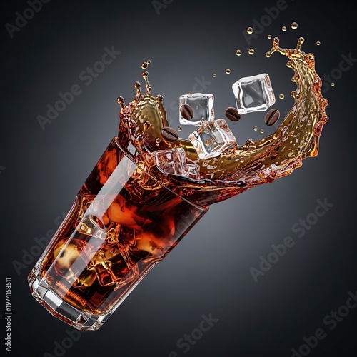 Refreshing beverage with ice cubes splashing out of the glass.