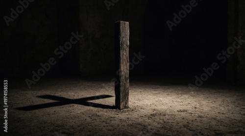 Wooden Pillar Casting a Cross Shadow on Ground - Conceptual Image of Christian Faith, Sacrifice, and Hidden Divinity