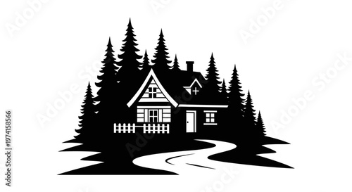 Charming cabin in the woods with a winding path on transparent background silhouette