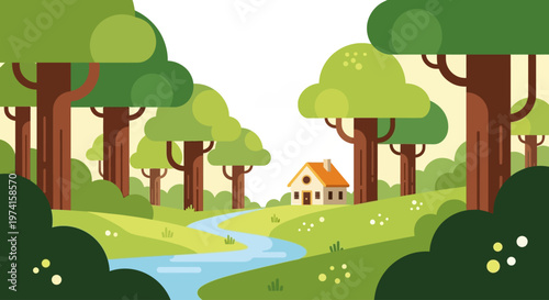 Peaceful forest landscape with a cozy house and river on transparent background silhouette