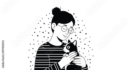 Minimalist line art drawing of a young woman with glasses tenderly hugging her small cat against a decorative background.