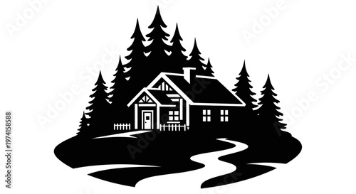 Black cabin nestled among pine trees on transparent background silhouette