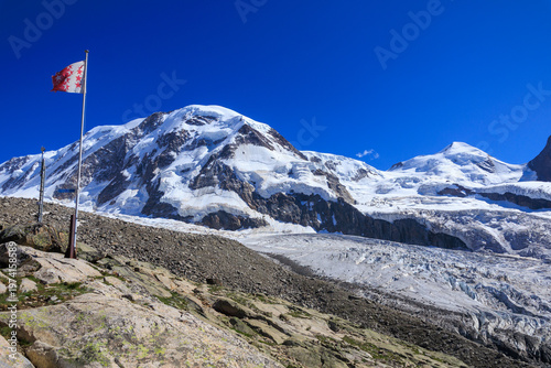 Mountain panorama with summits Lyskamm and Castor and glacier Grenzgletscher seen from Monte Rosa Hut in Pennine Alps, Switzerland