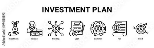 Investment Plan web banner icon vector illustration with icons of Investment,Investor,Funding,Loan,Cashflow,Roi and Fund