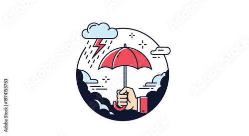 Human hand holds a red umbrella to protect against a heavy storm with rain and lightning inside a circular frame.