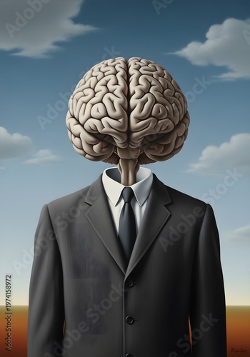 Brain Headed Suited Figure Standing in Desert