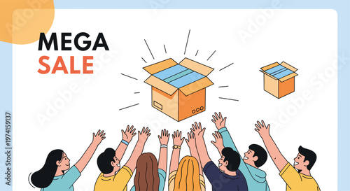 Group of enthusiastic customers reach their hands up for a flying delivery box during a massive mega sale event.