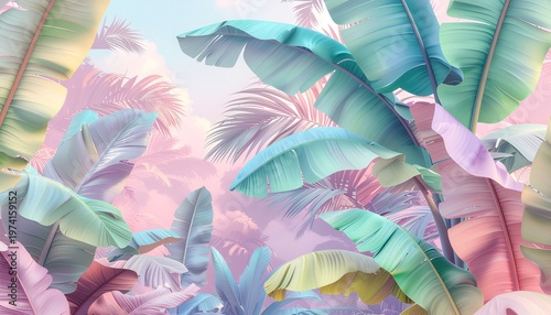 Pastel color banana leaves, palms. Tropical seamless pattern. Hand-painted vintage 3D illustration. Bright glamorous floral background design. Luxury wallpaper, cloth, fabric printing, digital paper