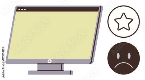 Online feedback, user reviews, digital ratings, customer satisfaction, web interface, design elements. A computer monitor alongside a star and sad face icon. Online feedback and user reviews concepts