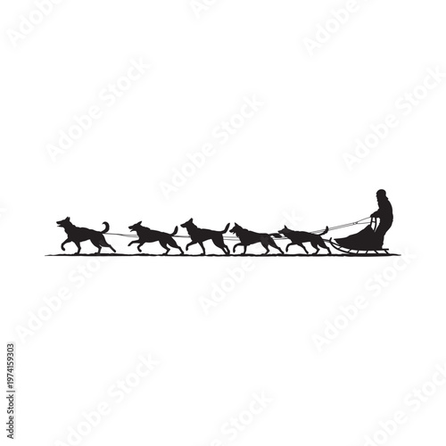 A silhouette depicts a dog sled team moving across a snowy landscape