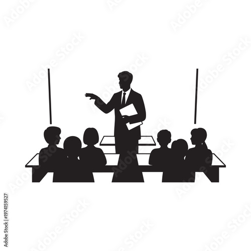A silhouetted business meeting with a presenter and seated attendees