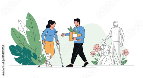 Kind man offering assistance by carrying groceries for a woman on crutches with a bandaged leg in a supportive community setting illustration.