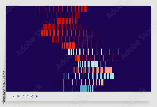 Geometric lines cascade onto a dark background. Image of multiple lines of varying thickness. Transition and displacement effects. Industrial style. Dynamic for brochure, poster, cover, presentation.