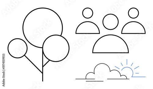 Sustainability, teamwork, environment, community connection, growth, nature-inspired design. A tree, group of people and sunrise elements in minimal line art. Sustainability and teamwork concepts