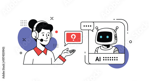 Customer service agent with headset interacting with a friendly AI chatbot robot on a screen for tech support concept illustration.