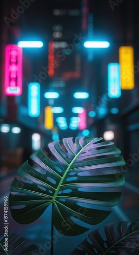 Neon leaf against city lights, a vibrant contrast.