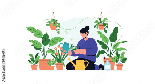Peaceful illustration of a woman tending to her indoor garden by watering various potted plants and flowers in a cozy home environment concept.