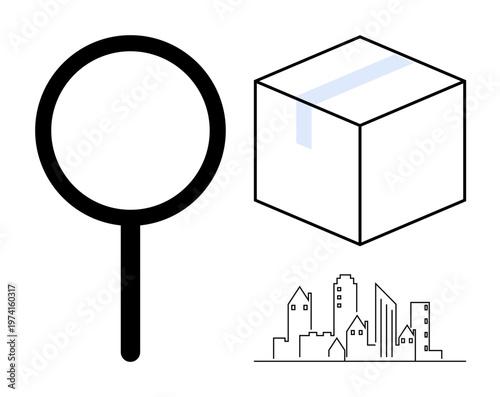 Search, delivery services, urban planning, logistics, e-commerce, city infrastructure. Magnifying glass, sealed cardboard box building silhouettes. Search and delivery services concept