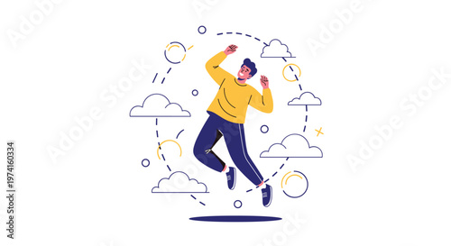 Man in a yellow sweater and blue pants jumping for joy among clouds and abstract circular elements in a celebration concept illustration.