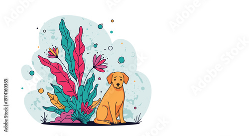 Cute golden dog sitting with a sad expression in front of colorful abstract plants and foliage on a textured light blue background illustration.