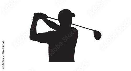 a silhouette of a golfer swinging a club on a golf course with a golf ball in motion