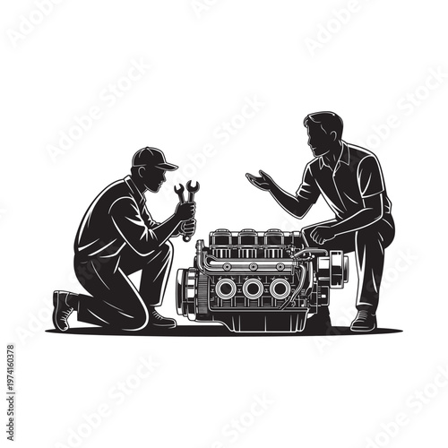 Two mechanics examining a complex engine discussing potential repairs and maintenance