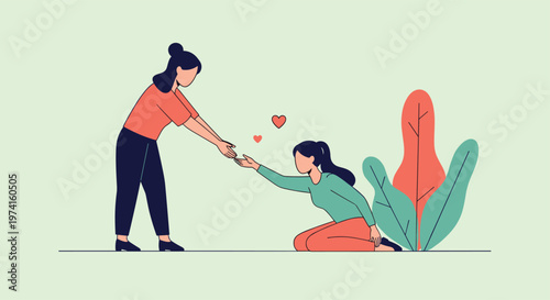 Compassionate woman reaching out to help another woman who has fallen on her knees in a supportive and empathetic gesture illustration.