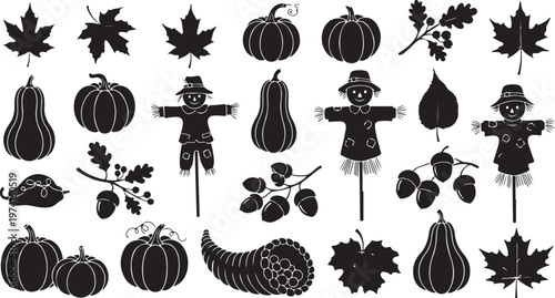 Black silhouettes of autumnal objects and scarecrows on white