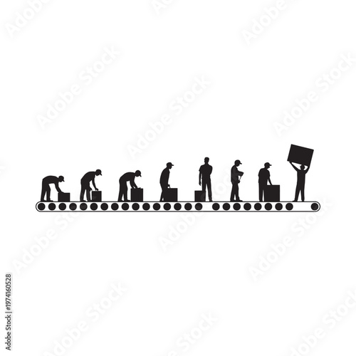 Silhouettes depict a progression of labor and building on a conveyor belt