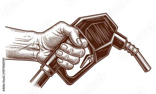 Hand holding fuel nozzle vector in vintage woodcut style for gasoline services.