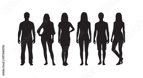 Diverse silhouettes of people standing in a row representing individuality and unity