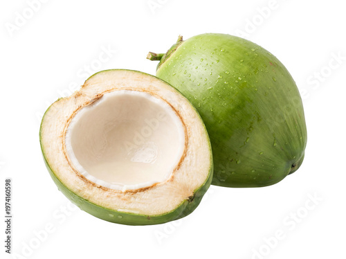 Fresh Green Coconut, Whole and Halved, Isolated on Transparent Background