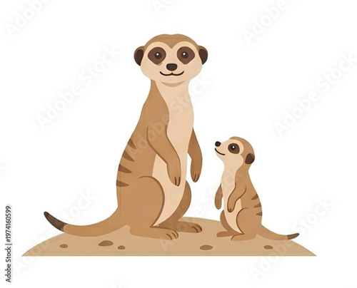 Cute meerkat family illustration, adult and baby suricate standing on a mound, wildlife character design isolated on white background