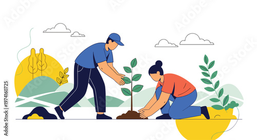 Man and woman working together to plant a young tree in a green landscape symbolizing environmental conservation and community sustainability.