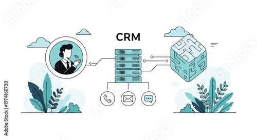 CRM customer relationship management concept featuring database servers, a user profile, and communication icons in a technical design.