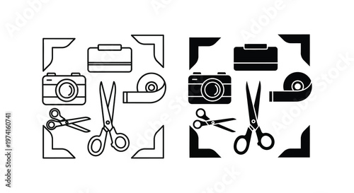 Photography tools and supplies displayed in mirrored black and white silhouette