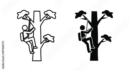 Climber ascending a tree with backpack depicted in stark silhouette