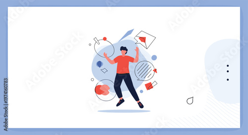 Happy man jumping in celebration surrounded by various icons of communication and business on a professional landing page concept illustration.