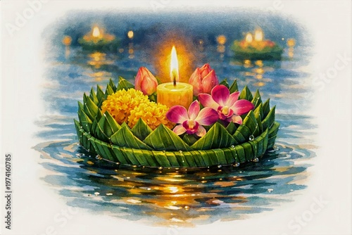 Watercolor Close Up Krathong with Candle and Flowers Floating on Water Night Scene