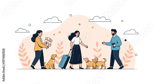 Group of diverse friends meeting each other with luggage, flowers, and dogs in a friendly welcome and travel community concept illustration.