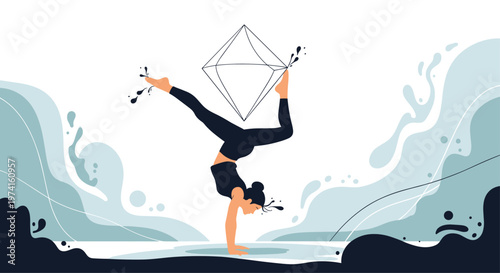 Artistic illustration of a woman performing a handstand yoga pose while balancing a large transparent geometric diamond shape on her feet.