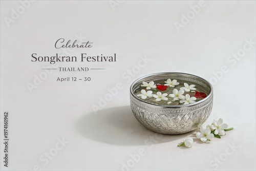 Elegant Minimal Songkran Card with Jasmine and Water Bowl Thailand Festival Invitation