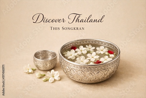 Warm Beige Minimal Songkran Card with Jasmine Discover Thailand Cultural Elegant Style