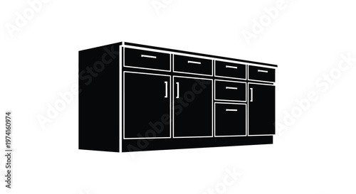 Black sideboard with drawers and cabinets depicted as a stark silhouette