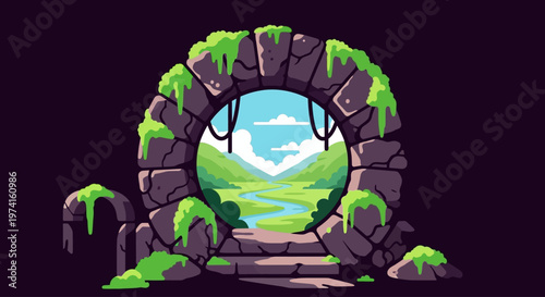 Ancient stone archway with lush vegetation on transparent background silhouette