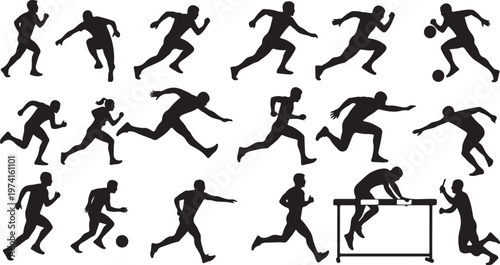 Silhouette of various soccer players in dynamic poses action