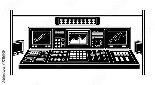 Sound mixing board with multiple screens.