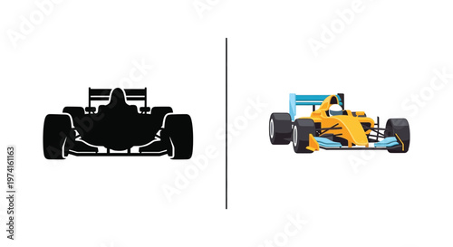 Formula one racing car side views color and black silhouette